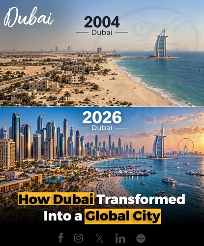 Dubai’s transformation from 2004 to 2026 has been remarkable. In just over two decades, the city expanded its skyline with iconic landmarks, developed major business and residential districts, built the Dubai Metro, expanded its airports and strengthened Jebel Ali as a global trade hub.