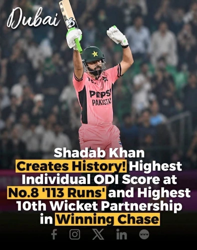 Shadab Khan's historic century powered Pakistan's comeback to beat England by one wicket in the fourth ODI of the tri-series. Pakistan reached 243-9 in 47.1 overs after England scored 241 in 46.4 overs. His 113 set the record for the highest individual ODI score at No.8, alongside the highest 10th-wicket partnership in a winning chase.