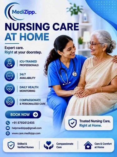 Looking for trusted Nursing Care At Home? MediZipp provides trained and experienced nurses for elderly care, post-hospitalization recovery, bedridden patient care, injections, wound dressing, medication management, and health monitoring. Receive compassionate, personalized healthcare services in the comfort of your home with flexible care plans and 24/7 support. Available across Mumbai, Navi Mumbai, and Thane.