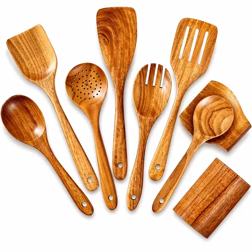 Bright Links USA Premium 9-Piece Teak Wood Cooking Utensil Set | Nonstick Safe Kitchen Tools