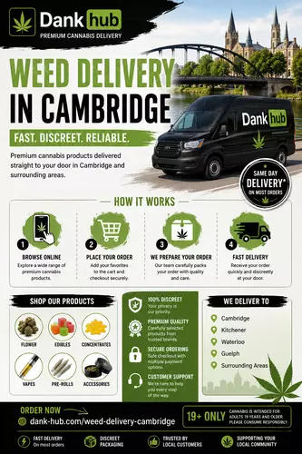 Looking for fast, discreet, and dependable cannabis delivery? Dank Hub offers premium flower, edibles, vapes, concentrates, pre-rolls, and accessories delivered across Cambridge and nearby areas. Order online today and experience a smooth, hassle-free delivery service.