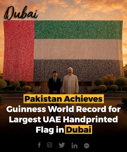 Pakistan Association Dubai (PAD) has set a new Guinness World Record by creating the largest UAE flag made with 24,514 handprints. People from over 100 nationalities contributed to this flag, which was revealed at a special event attended by dignitaries including Pakistan’s Ambassador to the UAE.