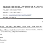 Teaching Vacancies Open At Friends Secondary School Namwela