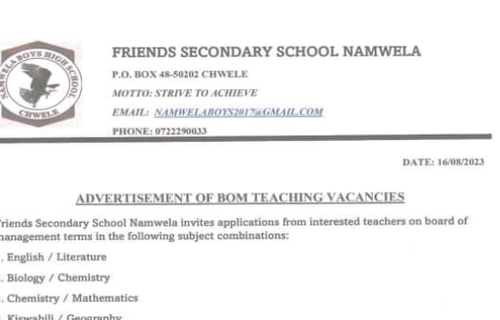 Teaching Vacancies Open At Friends Secondary School Namwela