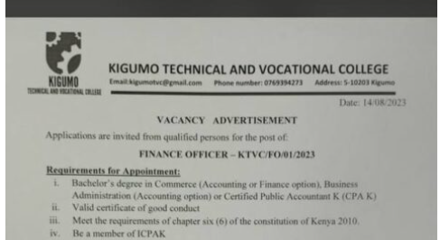 Kigumo College Hiring Finance Officer