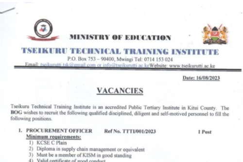 Tseikuru TTI Hiring : Procurement Officer, Accounts Clerk And Driving School Instructor