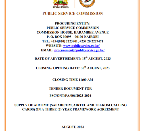 Public Service Commission Advertises Tender : Supply of Airtime (Safaricom, Airtel and Telkom Calling Cards)