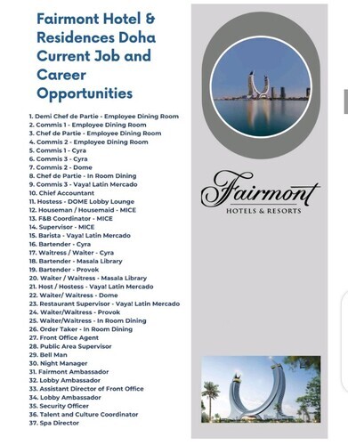 Fairmont Hotel & Residences Doha: Careers & Jobs Vacancies 2023 | Be A Part of Ultra Luxury Fairmont Doha Hotel