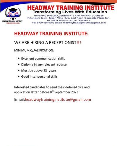 Receptionist Needed At Headway Training Institute