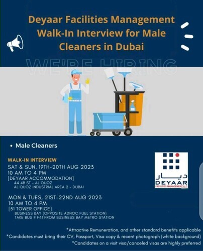 Unveiling a Golden Opportunity: Deyaar Facilities Management Walk-In Interview for Male Cleaners in Dubai