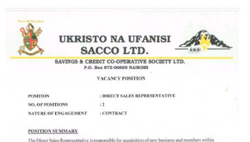 Ukristo Na Ufanisi Sacco Hiring Direct Sales Representative