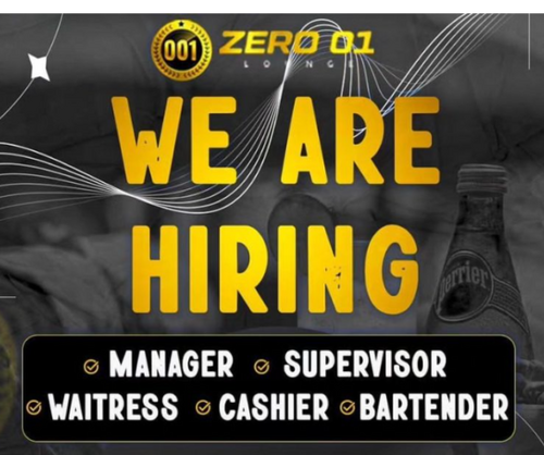Zero 01 Lounge Hiring : Cashier, Waitress, Bartender, Supervisor And Manager
