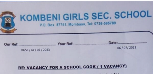 Kombeni Girls Hiring School Cook