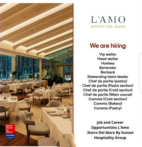 Job and Career Opportunities L’Amo Bistro Del Mare By Sunset Hospitality Group 2023: 13 position(s) to be filled