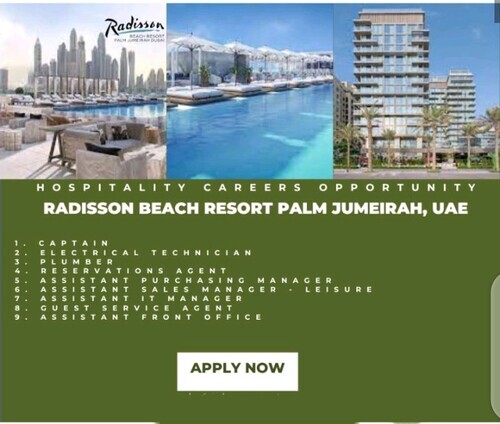 Hospitality Careers Opportunity at Radisson Beach Resort Palm Jumeirah, UAE 2023