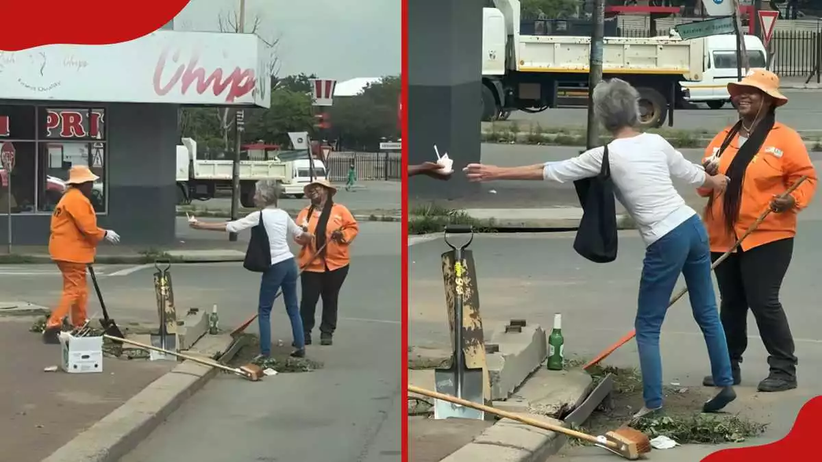 Kind-hearted granny buys food for 2 female street cleaners, emotional video emerges