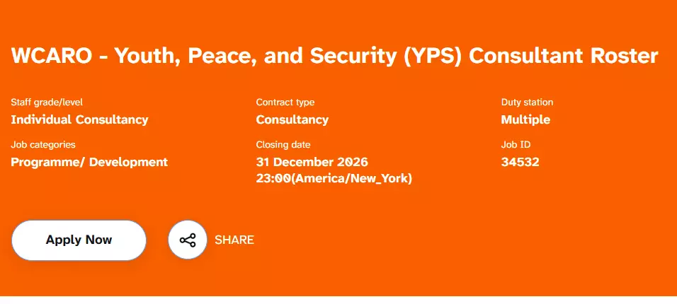 UNFPA WCARO Youth, Peace, and Security (YPS) Consultant Roster 2026: International Consultancy Opportunities for Peacebuilding and Development Experts