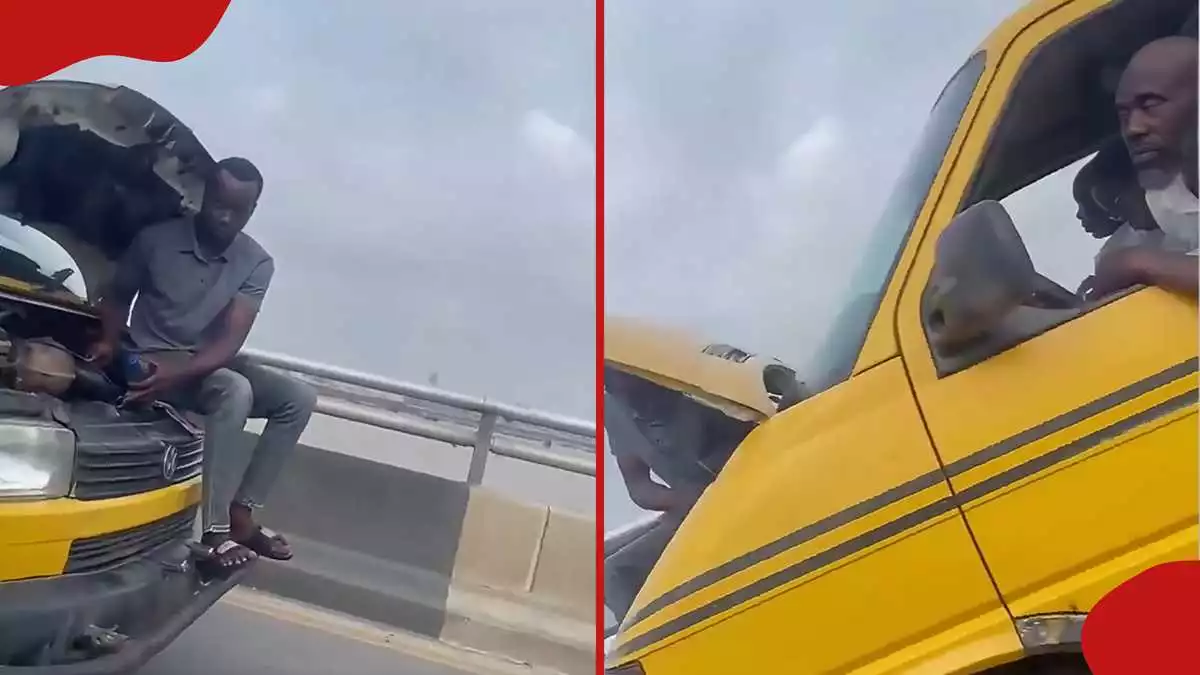 Nigerian man repairs moving matatu on busy road while sitting on bonnet
