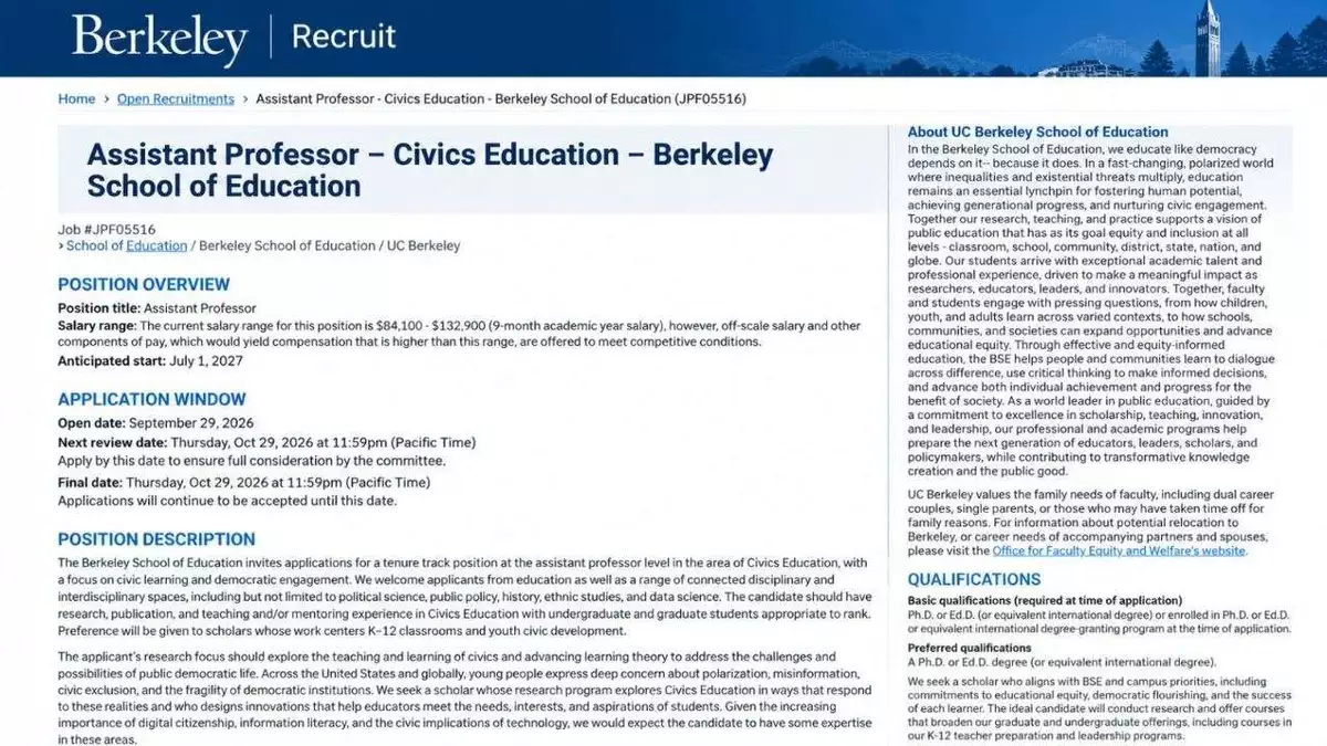 Assistant Professor – Civics Education at UC Berkeley: Fully Detailed 2027 Faculty Job Opportunity
