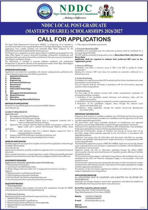 NDDC Postgraduate Scholarship 2026/2027: Eligibility, Requirements and Application Guide