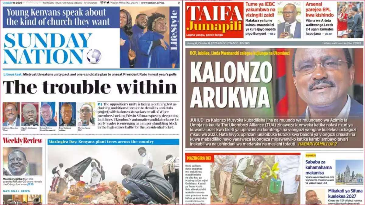 Kenyan Newspapers, Oct 11: Cracks in opposition as Kalonzo's Ukombozi Alliance faces resistance