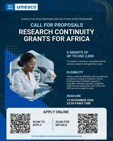 UNESCO Science for Crisis Response and Solutions Research Continuity Grants for Africa 2026: Apply for Up to US$2,000 in Research Funding