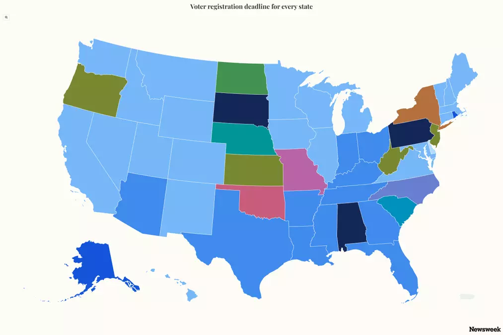 
				Map Shows Voter Registration Deadlines by State
			