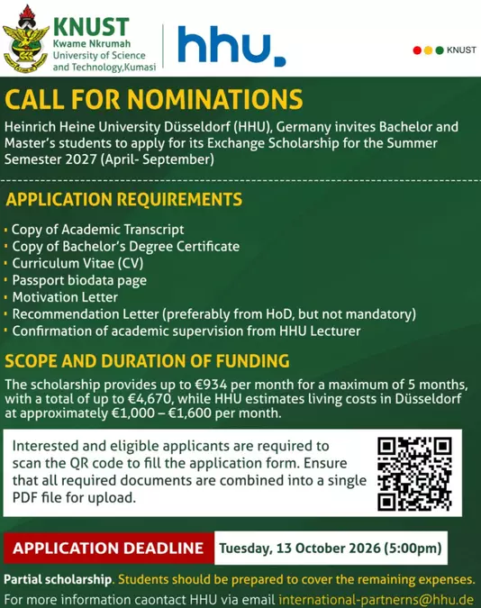KNUST–Heinrich Heine University Düsseldorf Exchange Scholarship 2027: Apply for Up to €4,670 to Study in Germany