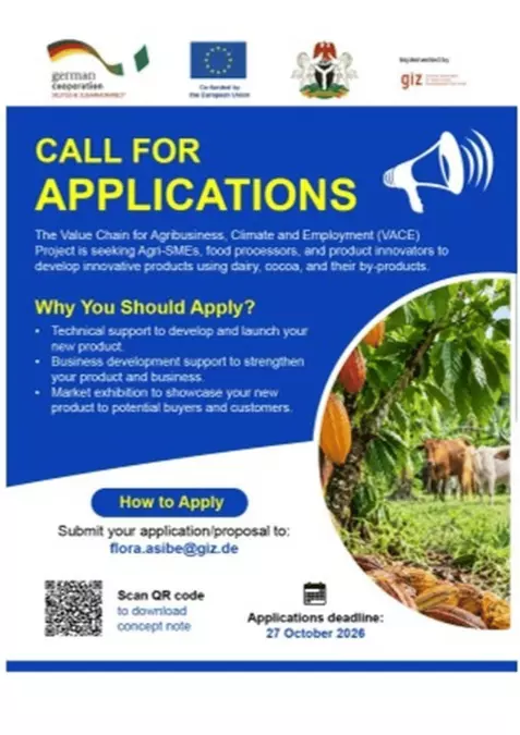 VACE Agribusiness Innovation Opportunity 2026: Apply for Technical Support, Product Development and Market Exposure for Nigerian SMEs in Dairy, Cocoa, Food Processing and Value-Added Industries