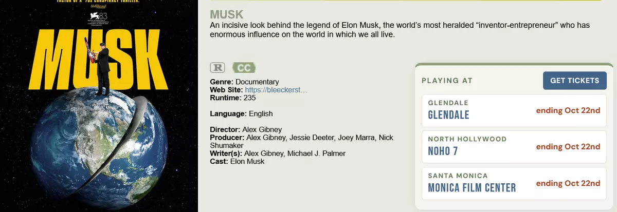 "Musk" Documentary Pulled from Almost Every One of 472 Theaters After One Week