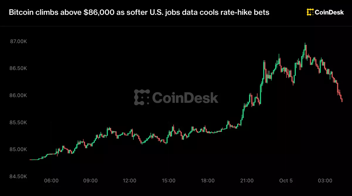 Bitcoin zooms toward $87,000, nearly setting an eight-month high, then reverses