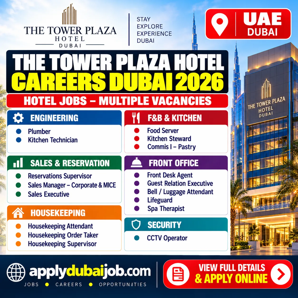 The Tower Plaza Hotel is hiring - announced multiple opportunities in Dubai and across UAE.