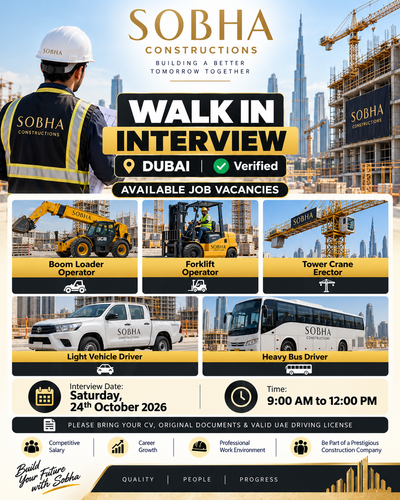Sobha Constructions Conducting Walk In Interview In Dubai, UAE!