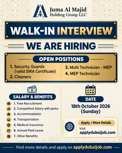 Juma Al Majid Holding Group is conducting a Walk-in Interview in Dubai, UAE, with multiple opportunities available.
