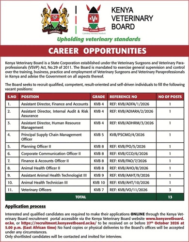 Kenya Veterinary Board  is recruiting qualified and competent professionals to fill (13) various vacant positions.