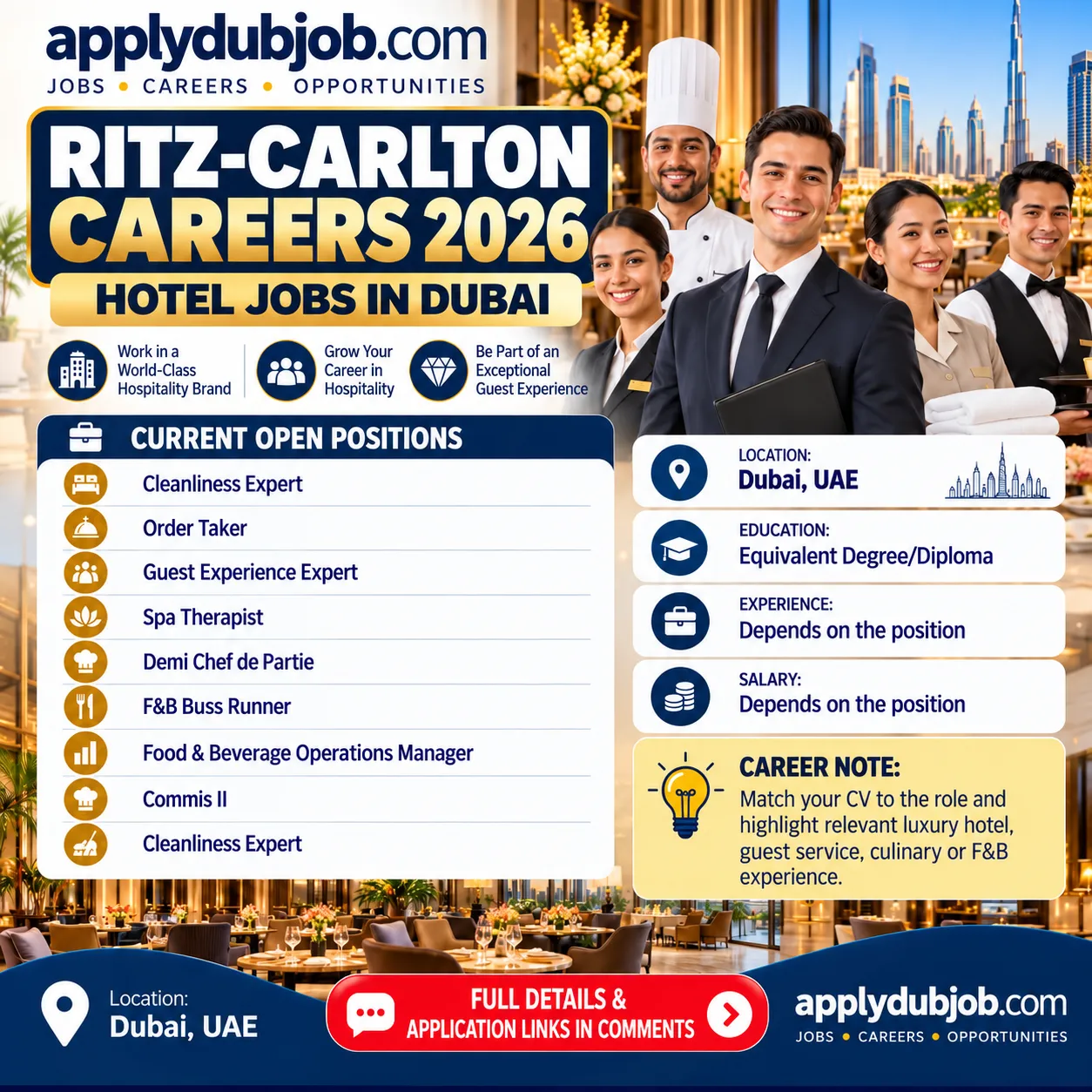 Ritz Carlton Hotel - Dubai has announced multiple vacancies across various departments in the UAE.