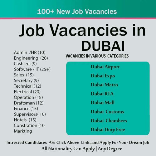 100+ vacancies are available across Dubai, offering opportunities for both freshers and experienced applicants.